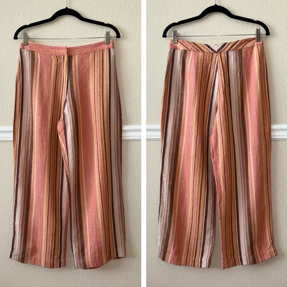 Vintage 100% Linen Wide Leg Cropped Relaxed Pants Beachy Coastal Striped 6